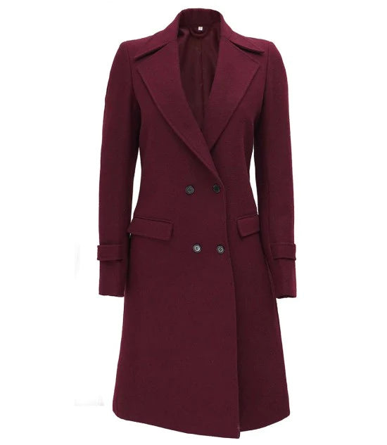 Women’s Double Breasted Maroon Wool Long Coat