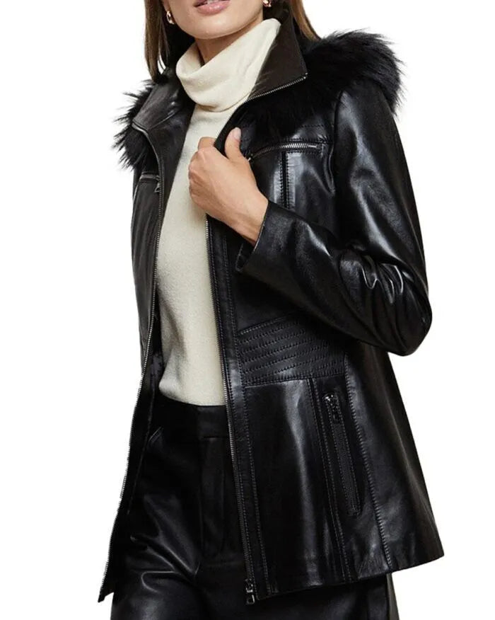 Women’s Real Black Leather Faux Fur Hooded Coat