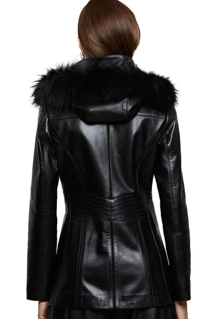 Women’s Real Black Leather Faux Fur Hooded Coat