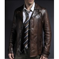 Brown Leather Blazer Coat 70s Collar Style