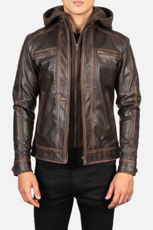Brown Hooded Hector Vintage Leather Biker Jacket - Marx Leather Jacket